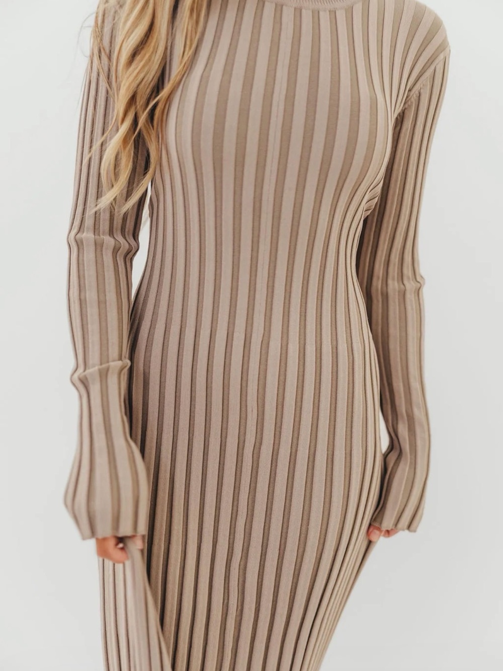 WORTH COLLECTIVE Slim Ribbed Long Sleeve Maxi Dress in Taupe